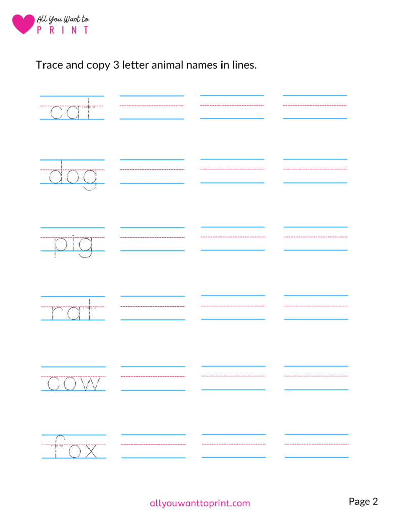 3 letter animal names for kids tracing writing worksheet printable pdf