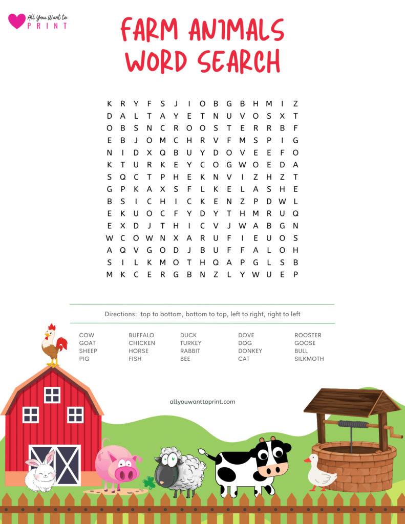 Farm animals themed word search puzzle for kids activity free printable worksheet pdf download