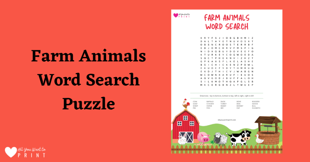 Farm animals themed word search puzzle for kids activity free printable worksheet pdf download