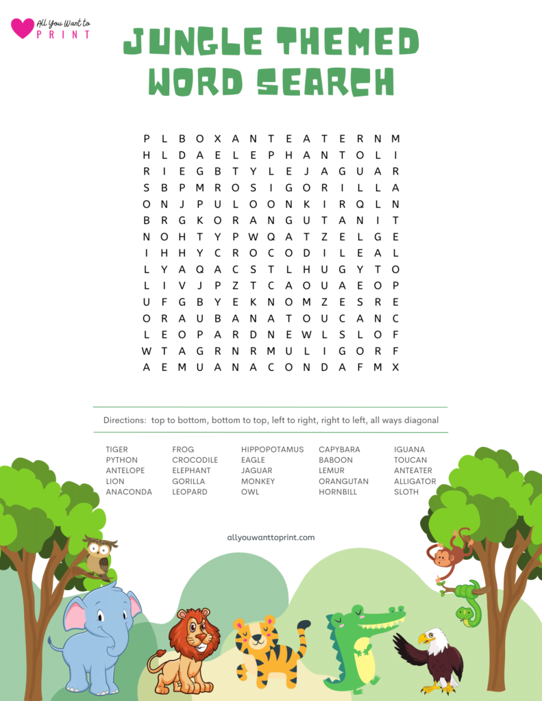 jungle themed word search puzzle for kids free printable activity pdf download