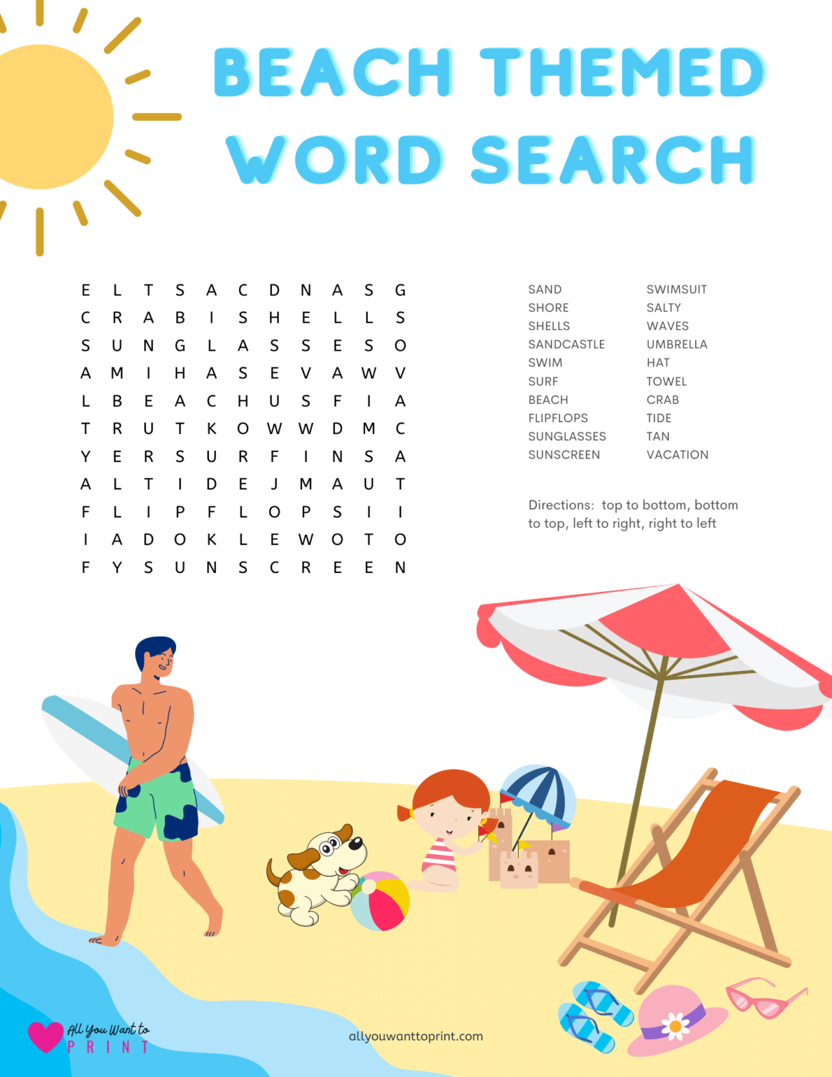 Beach Themed Word Search Free Printable