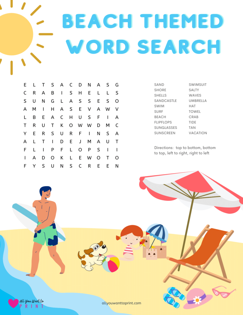 summer beach themed word find free printable pdf download for kids