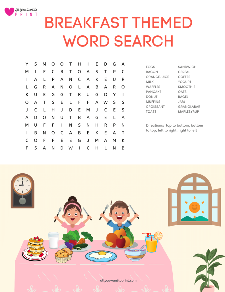 breakfast food themed word search game free printable pdf download for kids