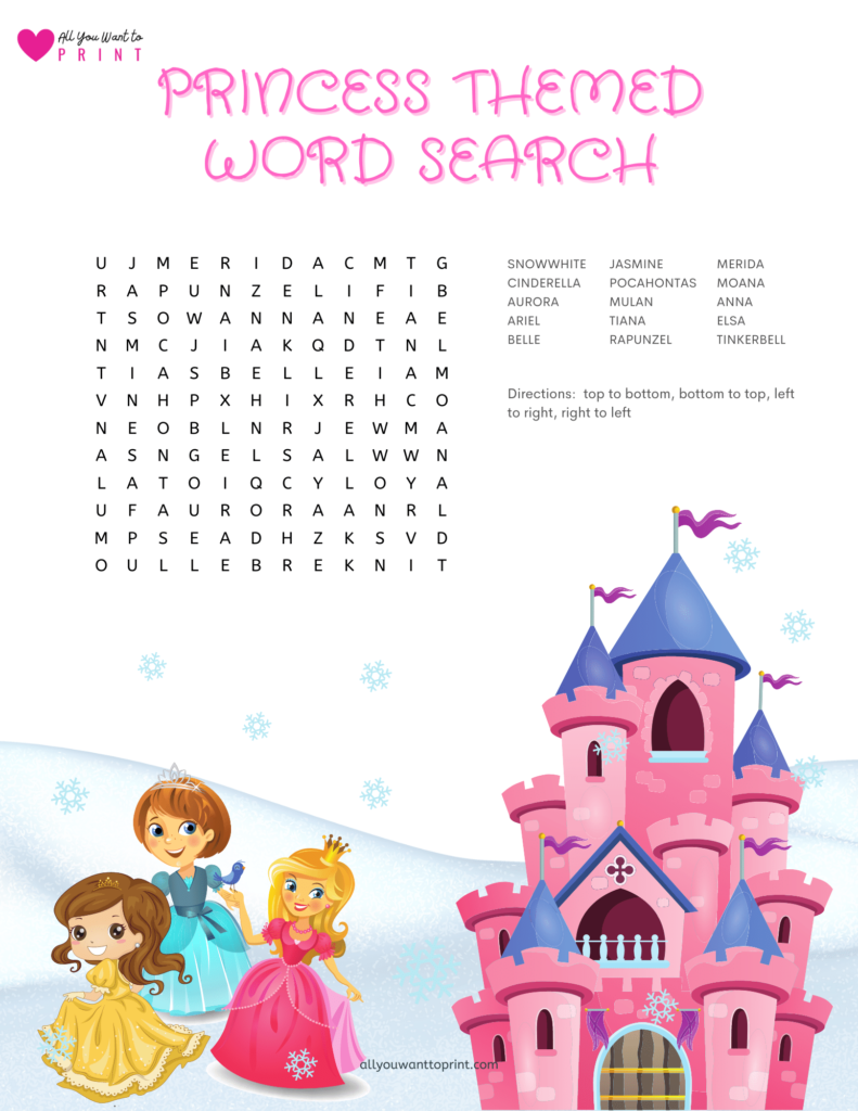 princess themed word search game free printable pdf download for kids