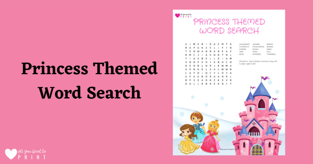 princess themed word search game free printable pdf download for kids