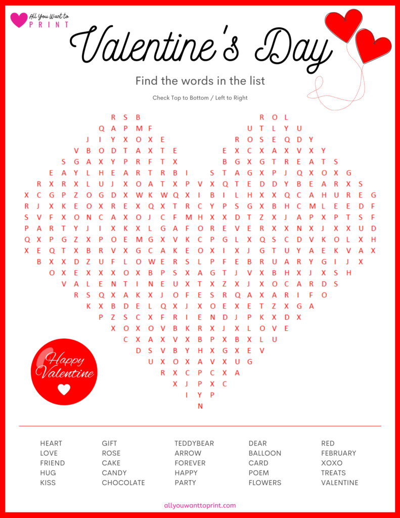 valentines day themed word search puzzle free printable pdf