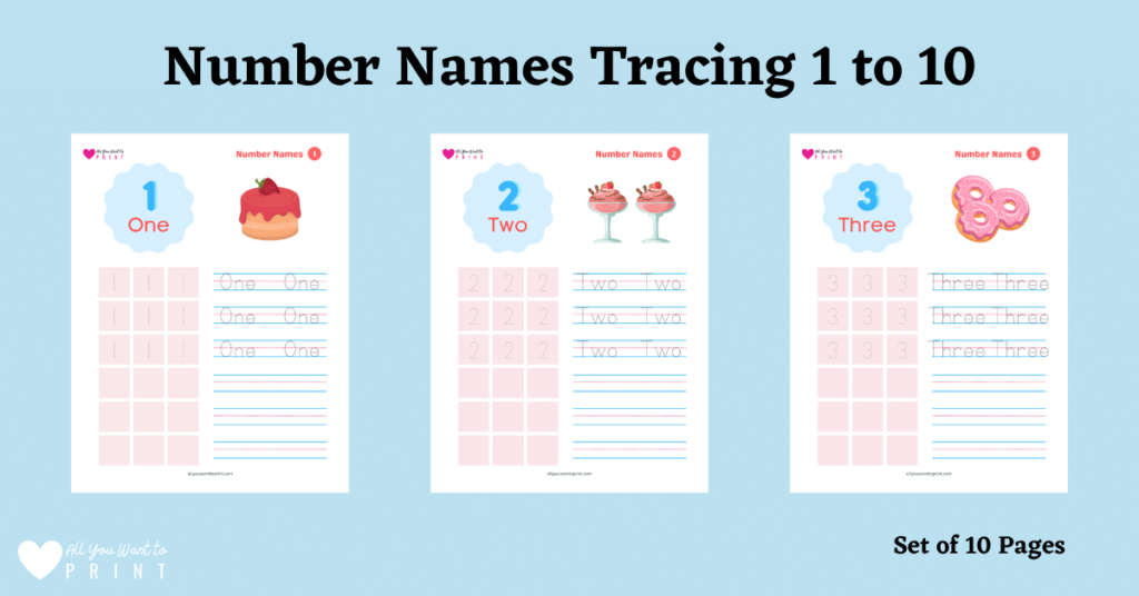 1 to 10 number names tracing and writing worksheet free printable pdf download for preschool kindergarten homeschooling kids