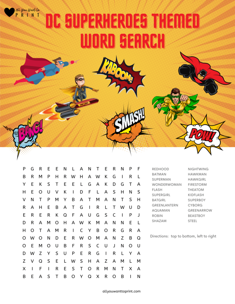 dc superheroes themed word search puzzle game free printable for kids pdf download