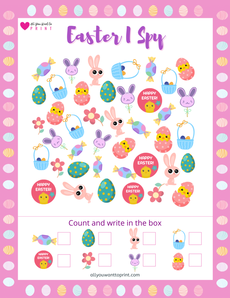 Easter i spy counting worksheet free printable pdf download for preschool and kindergarten kids. Easter cute Fun activity for kids.