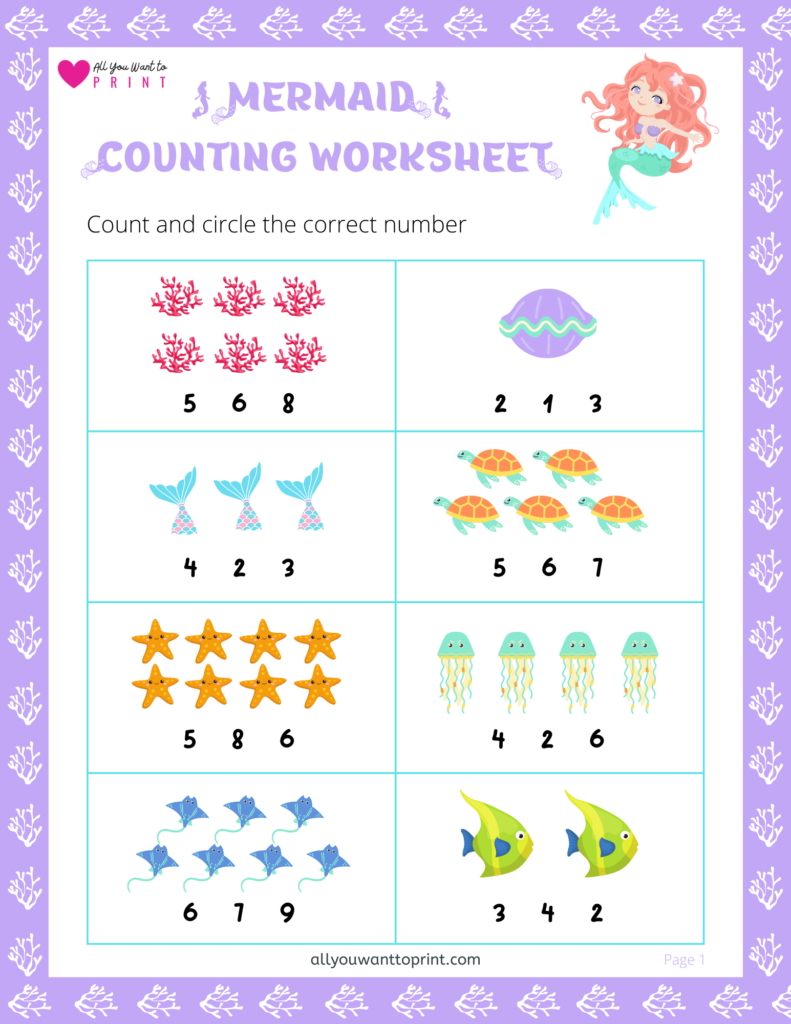 Mermaid theme counting worksheet free printable pdf download for preschool and kindergarten kids. Mermaid cute Fun activity for kids. Mermaid theme party activity for kids.