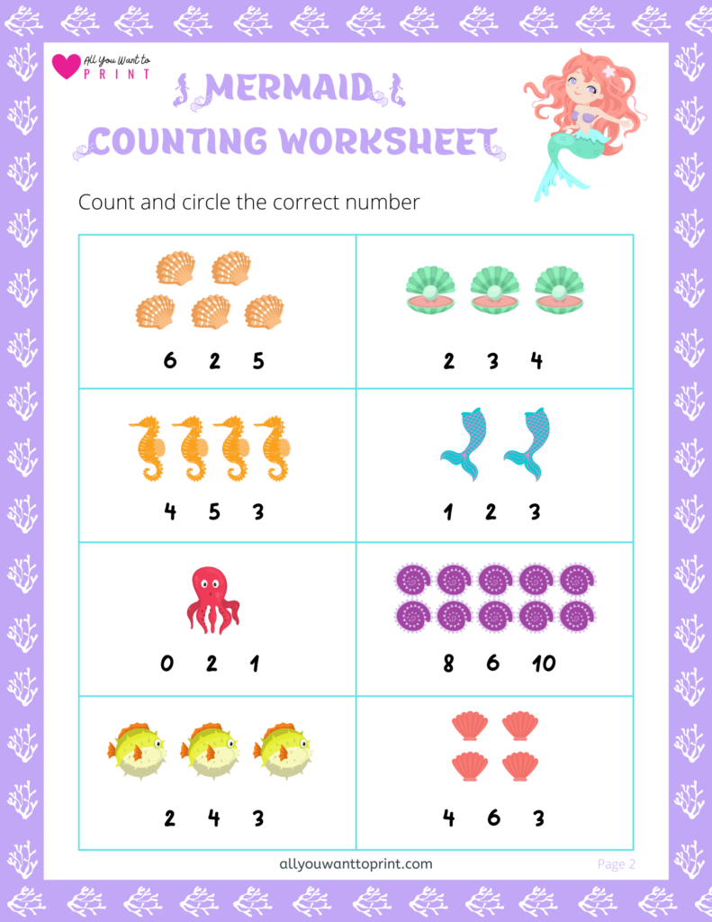 Mermaid theme counting worksheet free printable pdf download for preschool and kindergarten kids. Mermaid cute Fun activity for kids. Mermaid theme party activity for kids.