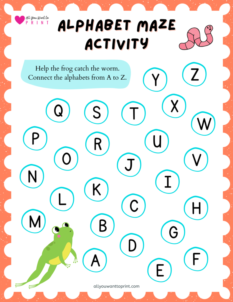 alphabet letter maze fun activity worksheet help frog catch worm free printable pdf download for preschool kindergarten homeschool kids