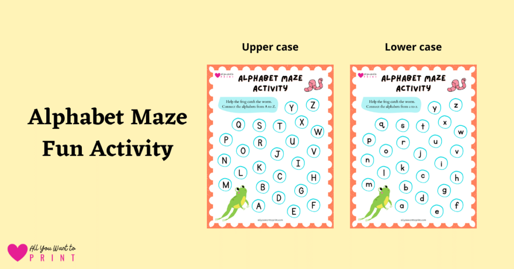alphabet letter maze fun activity worksheet help frog catch worm free printable pdf download for preschool kindergarten homeschool kids
