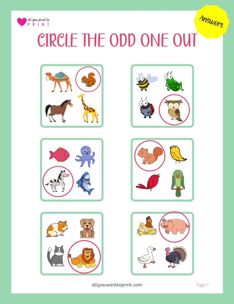 birds and animals circle the odd one out free printable worksheet pdf download for preschool, kindergarten and homeschool kids