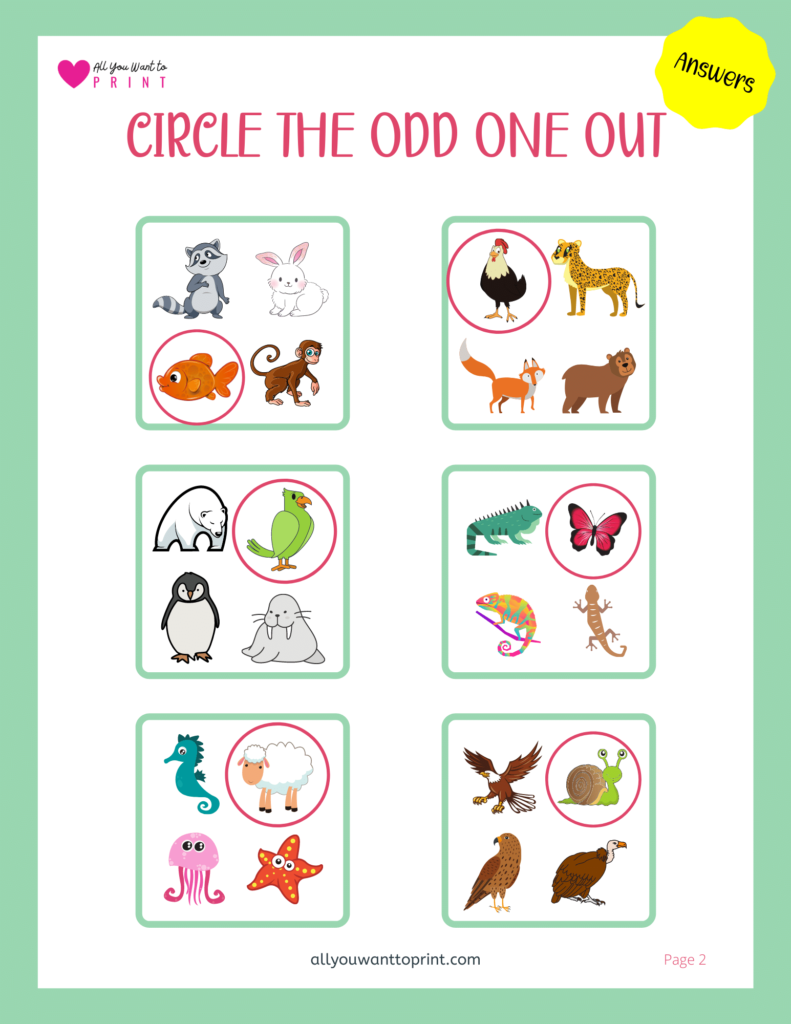 birds and animals circle the odd one out free printable worksheet pdf download for preschool, kindergarten and homeschool kids