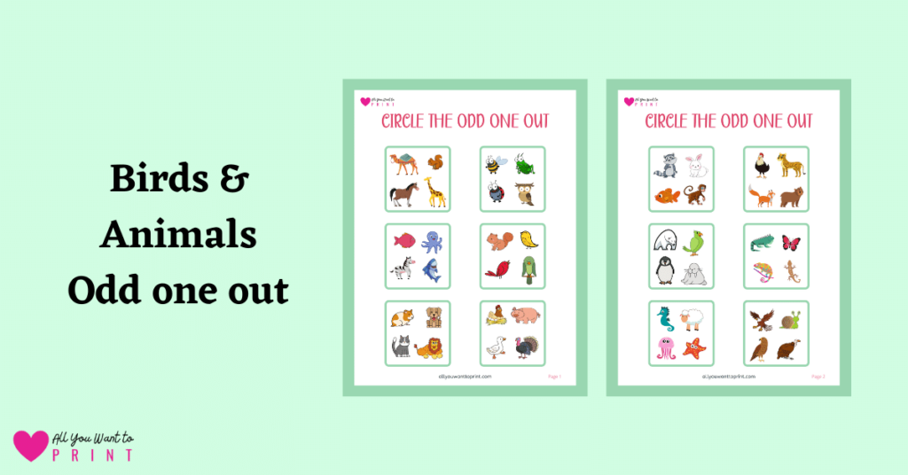 birds and animals circle the odd one out free printable worksheet pdf download for preschool, kindergarten and homeschool kids
