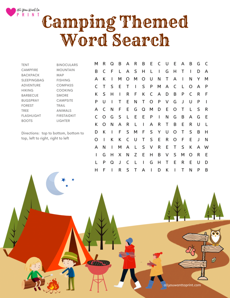 camping themed word search puzzle game free printable pdf download for kids and adults