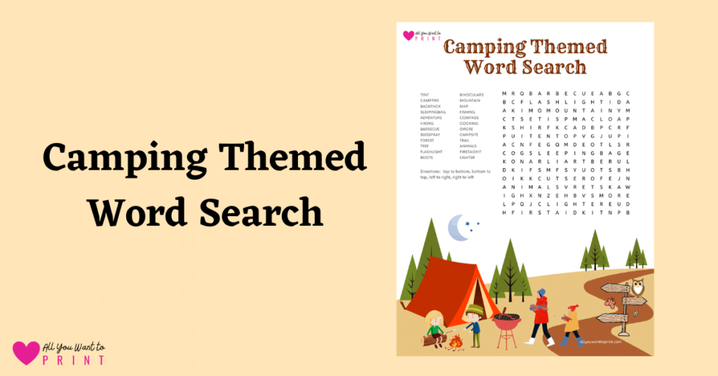 camping themed word search puzzle game free printable pdf download for kids and adults