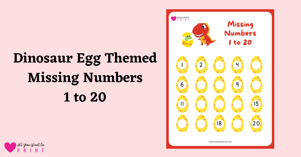 missing numbers 1 to 20 dinosaur egg theme fun activity worksheet free printable pdf download for preschool kindergarten homeschool kids