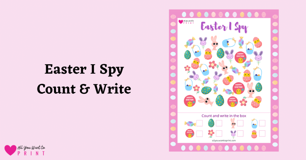 Easter i spy counting worksheet free printable pdf download for preschool and kindergarten kids. Easter cute Fun activity for kids.