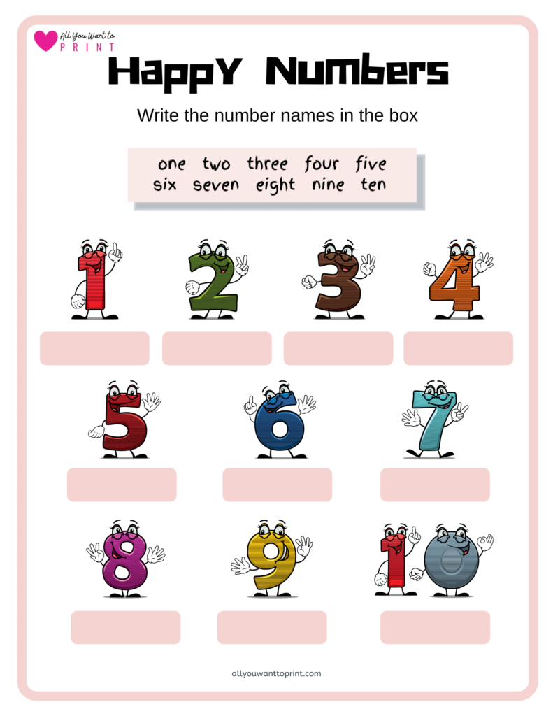 cute fun number names writing worksheet for preschool kindergarten homeschooling kids free printable pdf download