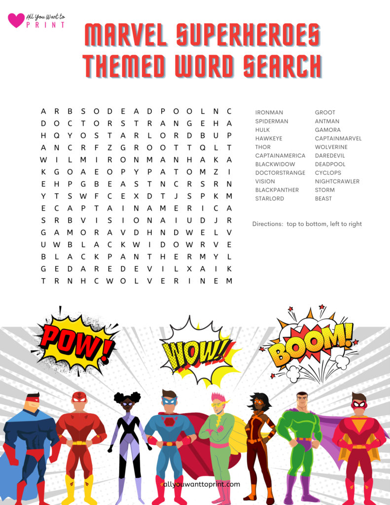 marvel superheroes themed word search puzzle game free printable for kids pdf download