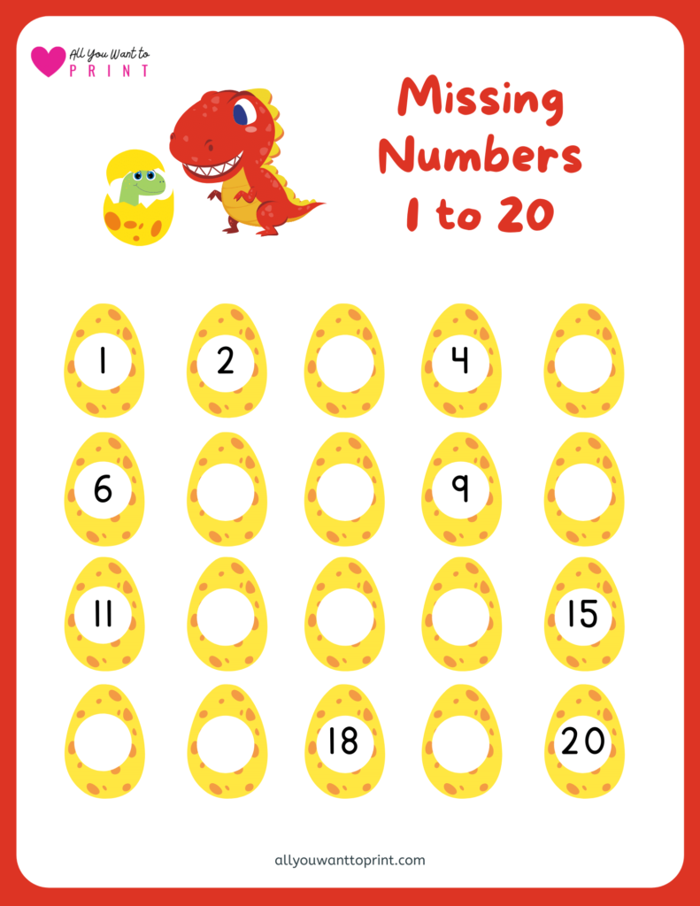 missing numbers 1 to 20 dinosaur egg theme fun activity worksheet free printable pdf download for preschool kindergarten homeschool kids