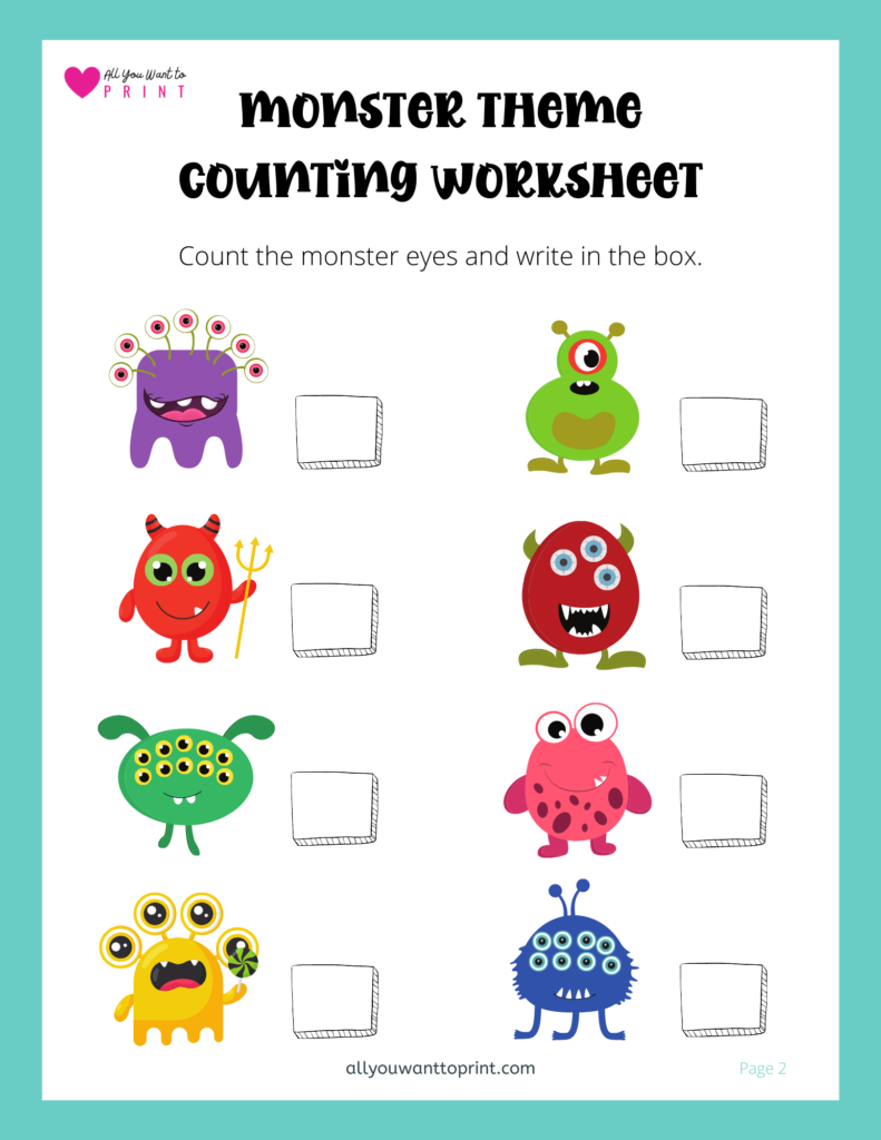 Monster theme counting worksheet free printable pdf download for preschool, kindergarten and homeschool kids. Also suitable for monster theme party.