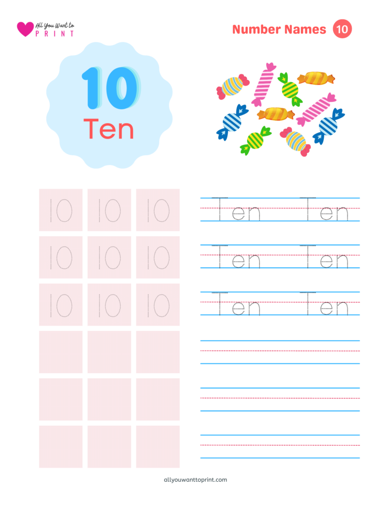 number names 10 tracing and writing worksheet free printable pdf download for preschool kindergarten homeschooling kids