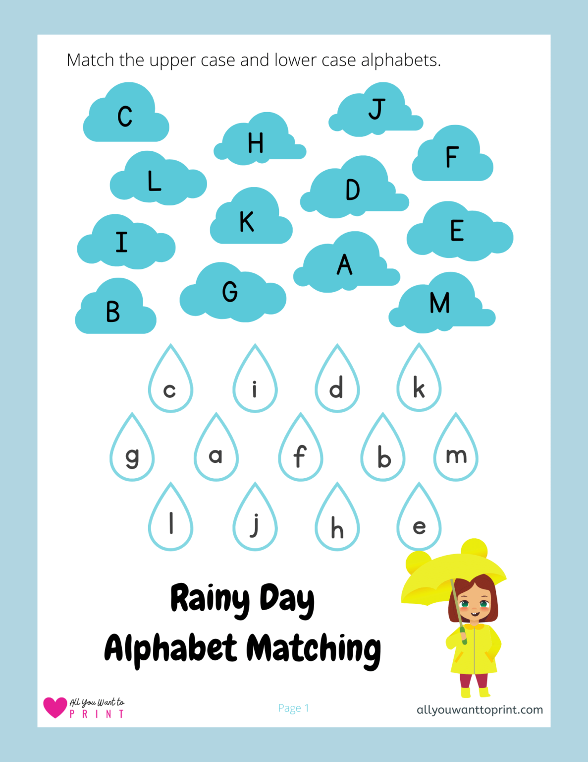 Rainy Day Alphabet Matching Worksheet - Free Printable