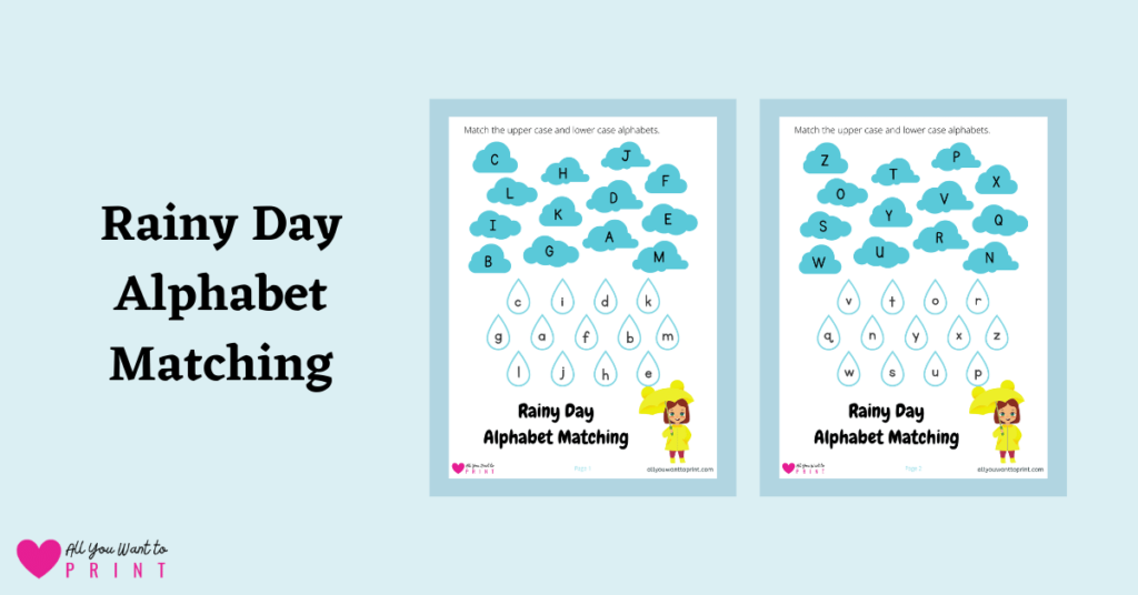rainy day theme alphabet matching worksheet free printable pdf download for preschool, kindergarten and homeschool kids