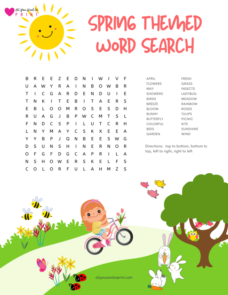 spring themed word search free printable pdf download for kids and adults