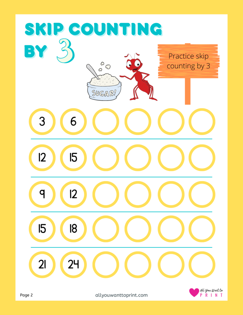 skip counting by 3 free math worksheets printable pdf download for kindergarten, elementary kids and homeschooling