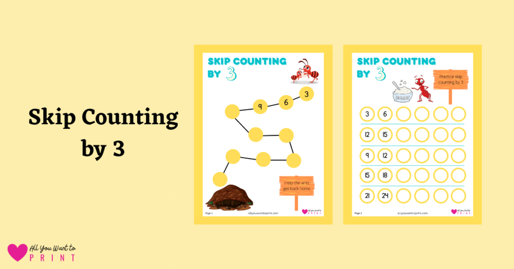 skip counting by 3 free math worksheets printable pdf download for kindergarten, elementary kids and homeschooling