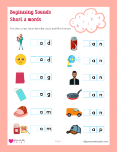 Beginning Sounds for 3 Letter Short a Words - Free Printable