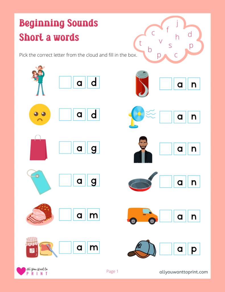 beginning sounds worksheet - 3 letter short a words - free printable for kids pdf download