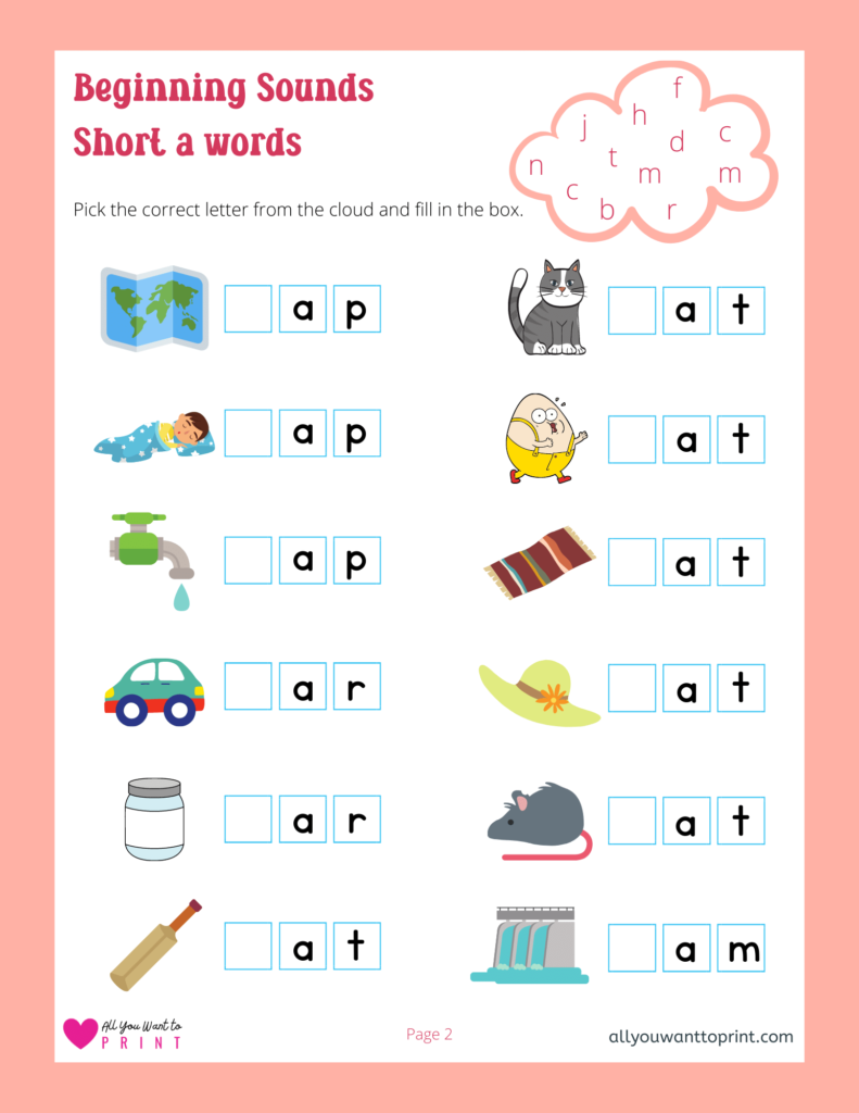 beginning sounds worksheet - 3 letter short a words - free printable for kids pdf download