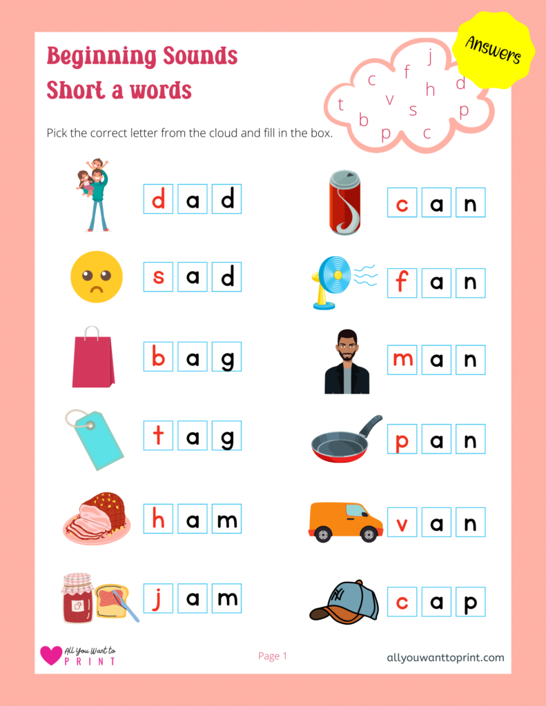 beginning sounds worksheet - 3 letter short a words - free printable for kids pdf download