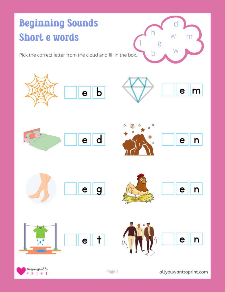 beginning sounds worksheet - 3 letter short e words - free printable for kids pdf download