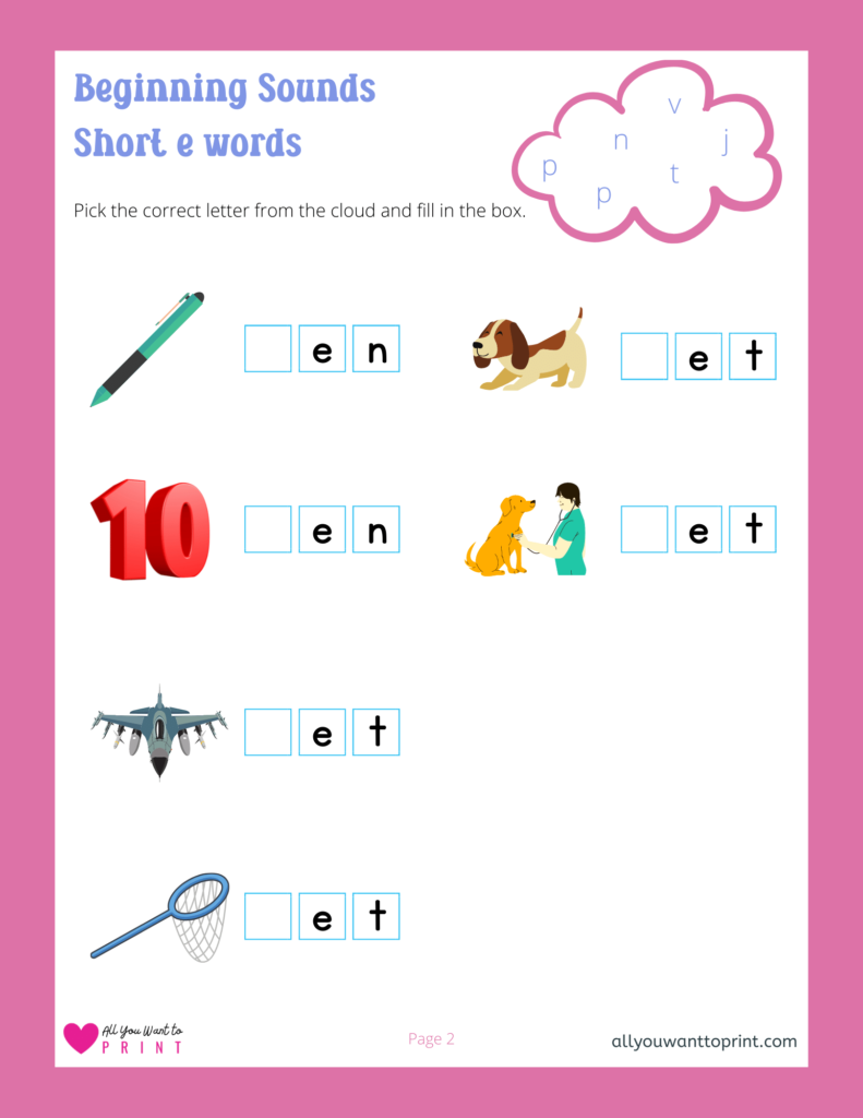beginning sounds worksheet - 3 letter short e words - free printable for kids pdf download
