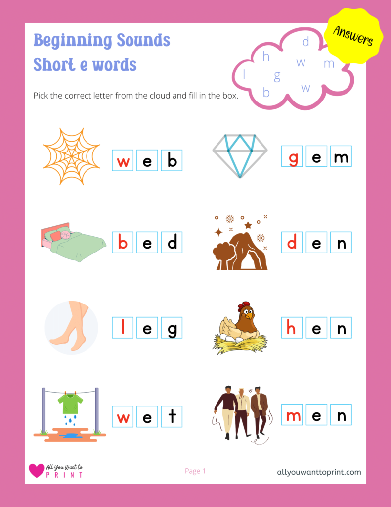 beginning sounds worksheet - 3 letter short e words - free printable for kids pdf download