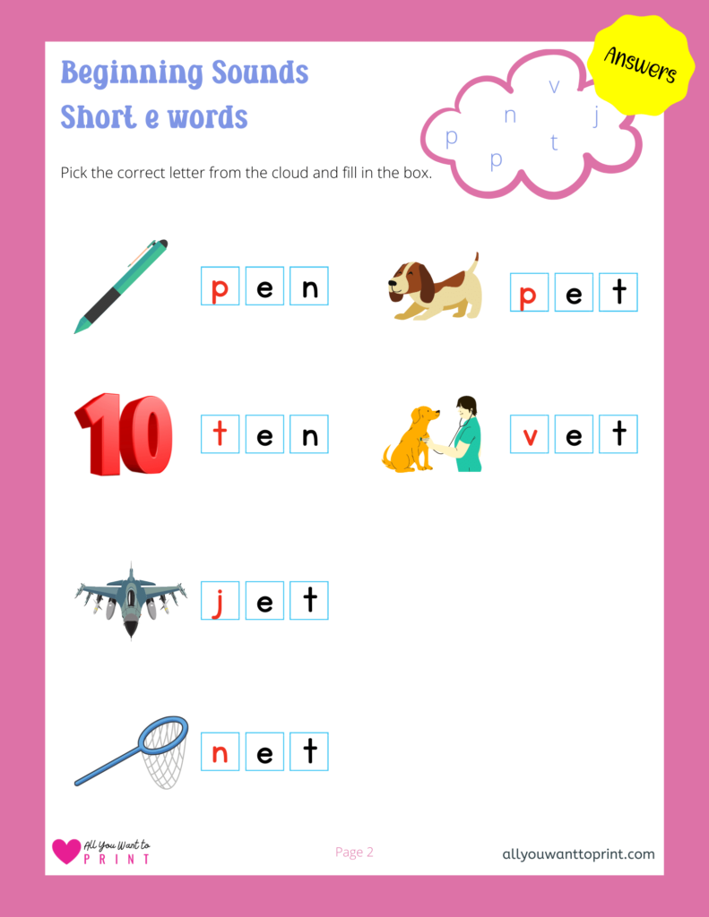 beginning sounds worksheet - 3 letter short e words - free printable for kids pdf download