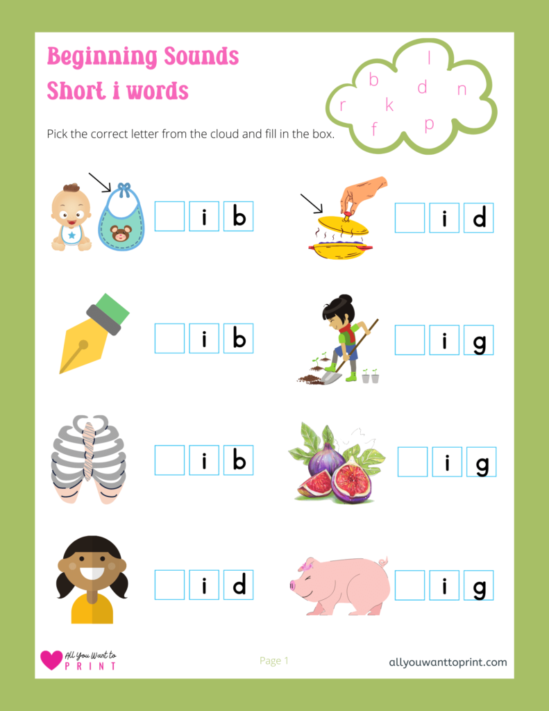 beginning sounds worksheet - 3 letter short i words - free printable for kids pdf download