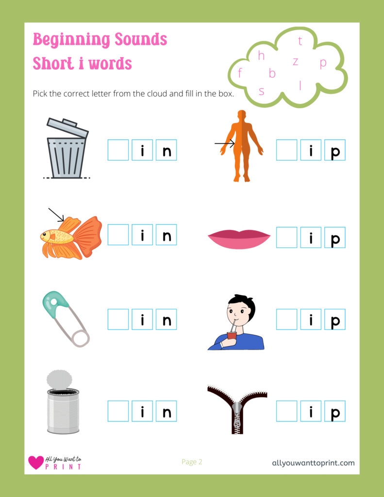 beginning sounds worksheet - 3 letter short i words - free printable for kids pdf download
