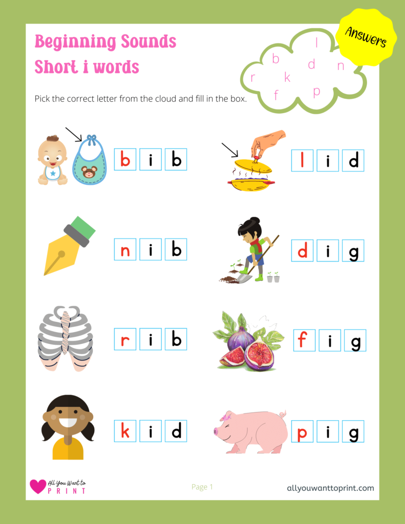 beginning sounds worksheet - 3 letter short i words - free printable for kids pdf download