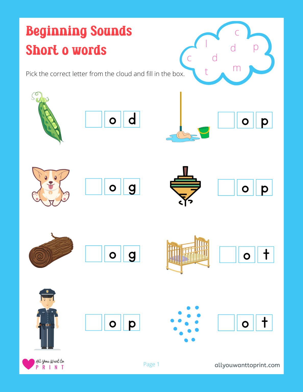 Beginning Sounds for 3 Letter Short o Words – Free Printable