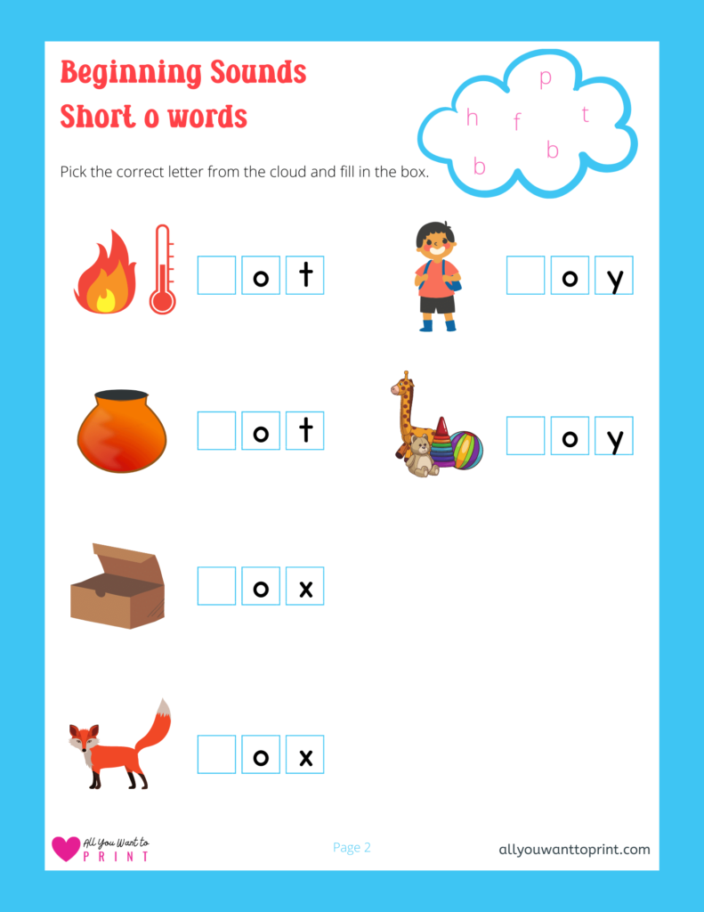 beginning sounds worksheet - 3 letter short o words - free printable for kids pdf download