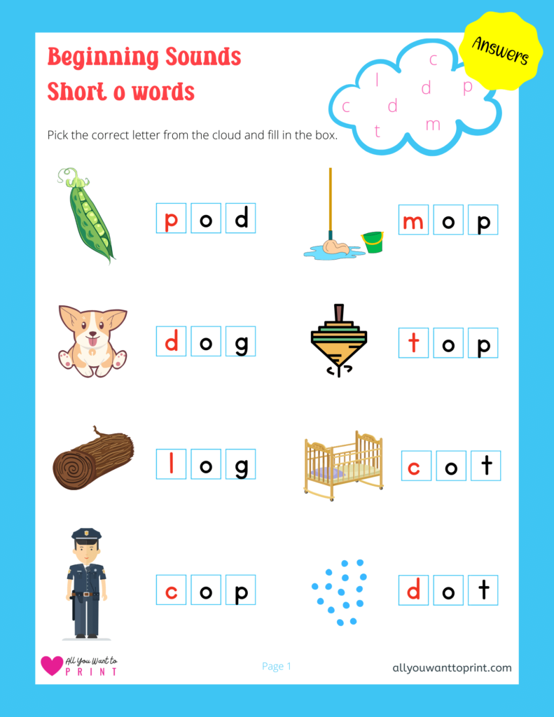 beginning sounds worksheet - 3 letter short o words - free printable for kids pdf download