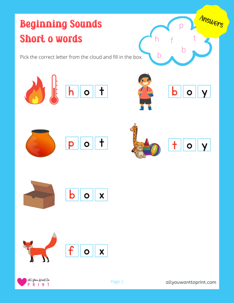 beginning sounds worksheet - 3 letter short o words - free printable for kids pdf download