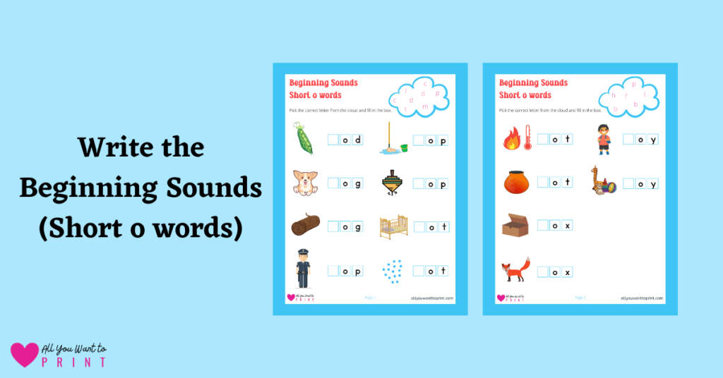 beginning sounds worksheet - 3 letter short o words - free printable for kids pdf download